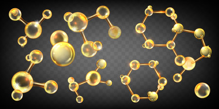 Gold oil molecule set, collagen yellow ball, jojoba nano 3D cell, vector bio abstract medical icon. Beauty science skin care molecular concept, natural bubble kit. Gold molecule atom illustrationのイラスト素材