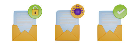 3D secure email icon set, render phishing detected concept, envelope online digital communication....