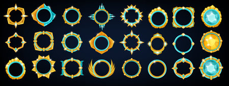 Game avatar frame set, UI circle badge, vector level up medieval RPG round ranking award, jewel. Fantasy 3D crystal rings, winner reward asset kit, GUI metal circular border. Game frame templateのイラスト素材