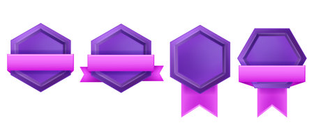 3D rank medial, vector game UI badge trophy, purple hexagon award quality icon set, pink ribbon. Champion celebration reward symbol, premium quality emblem, success graduation mark. Rank medal kitのイラスト素材