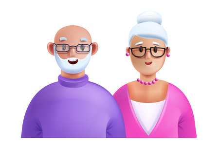 3D grandparent portrait, vector old couple, elder woman with man avatar face cartoon character. Happy adult age people, grandma and grandpa funny family, happy retirement seniors. Old couple clipartのイラスト素材