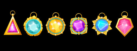 Game necklace amulet set, vector UI gemstone badge magic medieval jewellery crystal icon kit. Vintage wizard fairytale stone, cartoon circle witchcraft award fantasy diamond trophy. Witch magic amuletのイラスト素材