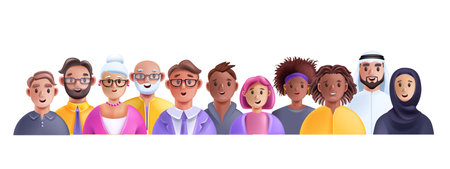 3D diverse people avatar set, business person vector group, multicultural character student crowd. Office team, happy man, smiling woman cartoon society concept. Diverse people community work bannerのイラスト素材