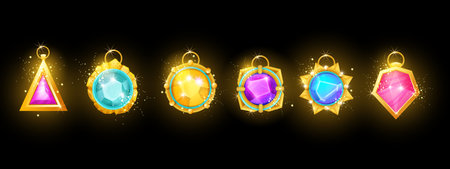 Game necklace amulet set, UI gemstone badge magic medieval jewellery crystal icon vector kit. Vintage wizard fairytale stone, cartoon circle witchcraft award fantasy diamond trophy. Witch magic amuletのイラスト素材