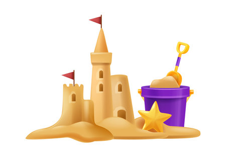 3D sand castle summer illustration, vector beach kids vacation building, bucket, shovel, sea star. Cartoon travel architecture medieval house, children outdoor tropical game. Sand castle shore clipartのイラスト素材