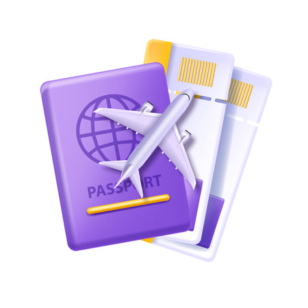 3D passport travel document airport security vector concept icon summer vacation ticket illustration. Airplane tour pass, foreign tourism symbol, global international clipart. Citizen 3D passportのイラスト素材
