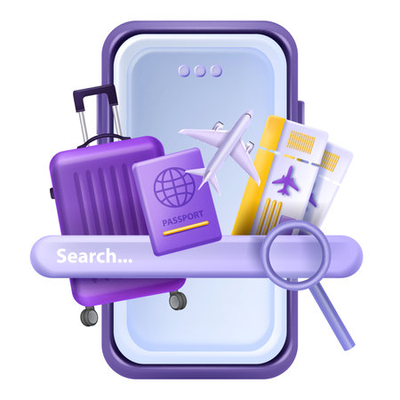 3D travel vacation flight ticket search vector online booking research hotel aeroplane data analysis. Tourism network marketing, internet journey planning, baggage, passport. Travel vacation clipartのイラスト素材