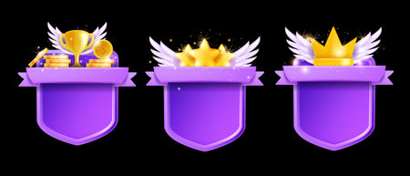 3D game frame vector UI background shield, victory player award, winner level up menu board, stars. Cartoon magic mobile app achievement kit, golden cup, crown, wings. Game frame reward prize medalのイラスト素材