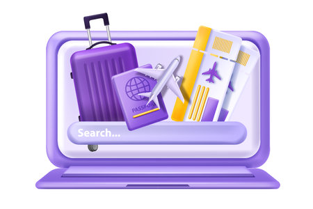 3D travel vacation ticket flight search vector online booking research hotel aeroplane data analysis. Tourism network marketing, internet journey planning, baggage, passport. Travel vacation clipartのイラスト素材