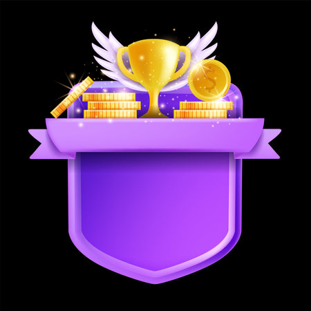 3D game frame vector UI banner shield, victory player award background, winner level up menu board. Cartoon magic mobile app achievement kit, golden cup, coin, wings. Game frame reward prize medalのイラスト素材