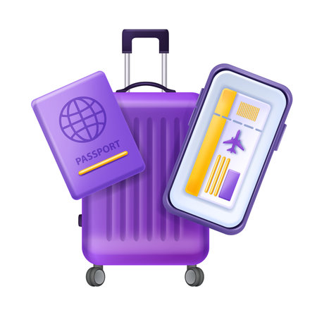 3D travel plane vacation trip, vector summer holiday flight ticket airport baggage clipart, passport. Tourism cartoon transportation concept, online booking business illustration. 3D travel adventureのイラスト素材