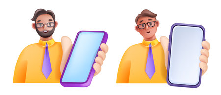 3D man hold smartphone set, smiling excited vector cartoon character with phone, digital SMM manager. Male businessman with cellphone, device screen social media concept. Guy hold smartphone clipartのイラスト素材