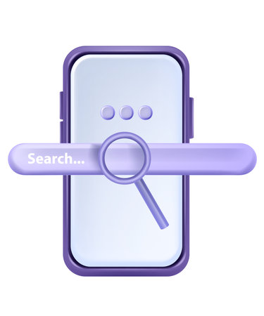 3D search engine bar, smartphone screen, minimal web address button icon, magnifier, internet box. Online research abstract concept, website URL explore design element. 3D search browser click clipartのイラスト素材
