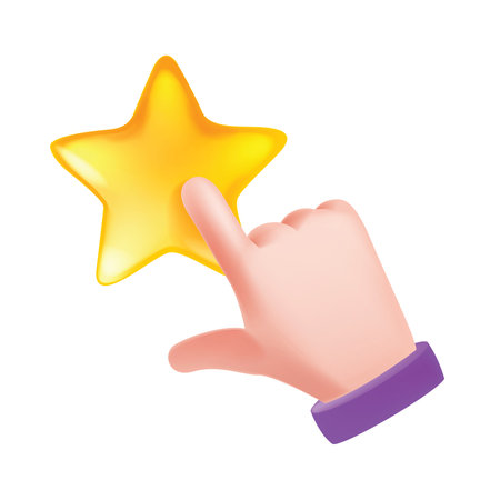 3D hand icon, finger click cursor, touch button vector illustration, web UI pointer gesture, star. Cartoon push interface rating symbol, SMM customer feedback concept, rate sign. Hand click clipartのイラスト素材