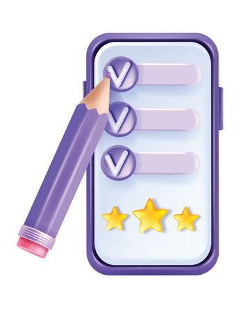 3D online survey, vector review digital feedback form, customer experience rating concept smartphone. Satisfaction internet test, questionnaire poll cartoon pencil, star. Online survey service qualityのイラスト素材