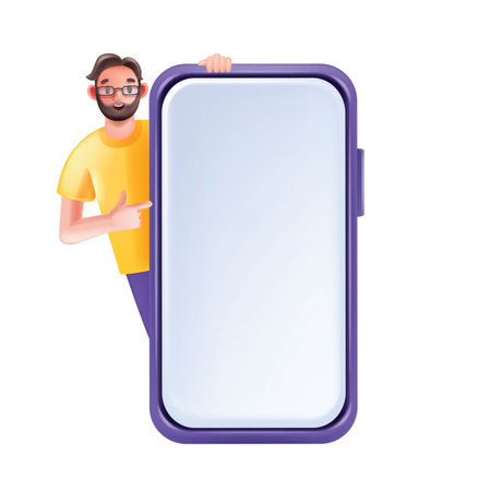 3D man with huge smartphone, vector cartoon happy male character advertising shop, pointing finger. Empty cellphone screen background, marketing online service web template. Young man with smartphoneのイラスト素材