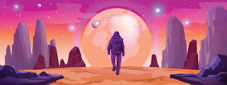 Space Mars game background, cartoon alien planet vector landscape, night sky, astronaut cosmic rocks. Fantasy galaxy desert futuristic view stone red parallax surface. Outer space game UI moon conceptのイラスト素材