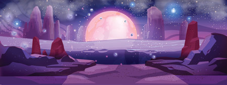 Space Mars game background, alien planet vector cartoon landscape, night sky, astronaut cosmic rocks. Fantasy galaxy desert futuristic view stone red parallax surface. Outer space game UI moon conceptのイラスト素材