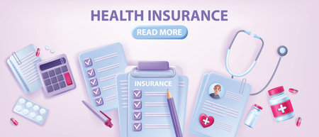 3D health insurance banner, vector family hospital healthcare safety polis concept, clipboard, bills. Patient personal medical profile, finance document, drugs pharmacy prescription. Health insuranceのイラスト素材