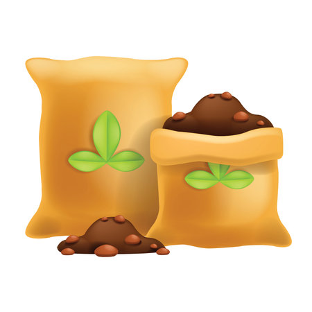 3D fertilizer bag icon, vector flower soil, garden dirt illustration, ecological ground mineral NPK. Organic hummus plant earth compost, manure agriculture cultivation concept. Farm fertilizer bagのイラスト素材