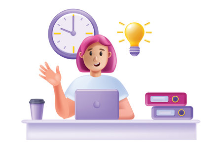 3D woman working laptop, vector home office concept, happy young smiling female character, table. Cartoon freelancer student online education, creative idea bulb, folder. Cute woman using laptopのイラスト素材