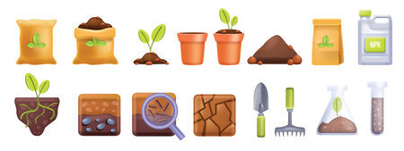 3D soil icon vector set, cartoon fertilized compost, agriculture farming illustration kit, seedling. Geology layers garden pots, plant roots agronomy science, NPK can, clay pile. Soil icon collectionのイラスト素材