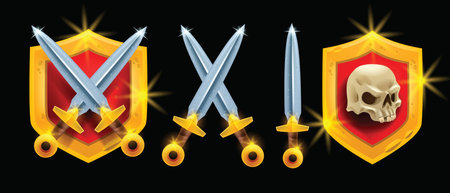 Game shield UI icon vector set, crossed iron medieval swords logo, warrior coat of arms on white. Metal silver blade, royal king armor, knight weapon assets, winner badge. Old defense shield and swordのイラスト素材