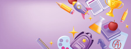 3D back to school background, vector stationery flying objects, kids education banner, backpack. Online children education, internet sale event, learn dictionary book, graduate cup. Art school bannerのイラスト素材