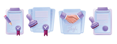 3D contract icon set, digital document, vector cartoon signature finance policy form business report. License stamp tool, bank insurance list, payment lawyer agreement, deal handshake. 3D contractのイラスト素材