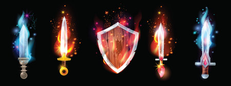 Magic sword game weapon set, vector fire flame shield, medieval fantasy cartoon shiny blade kit. Knight neon dagger, UI glowing assets on black, warrior alchemy magical knife. Magic sword clipartのイラスト素材