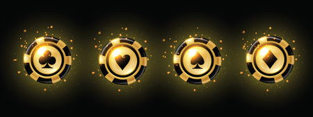 3D golden poker chips set, casino coin badge, vector VIP slots roulette shiny bet icon element kit. Royal game money award, Vegas gambling success symbol, shiny lucky medal set. Golden chips designのイラスト素材