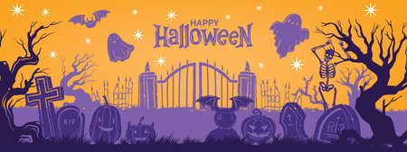 Halloween graveyard fence silhouette background, vector spooky cartoon cemetery landscape, pumpkin. Horror tree tombstone gate, cute flying ghost creepy skeleton monster. Halloween graveyard panoramaのイラスト素材
