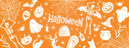 Halloween holiday background, vector simple ghost pumpkin cute spooky banner, cartoon wallpaper. Fun scary orange grave silhouette, dancing skeleton, spiderweb. Autumn creepy halloween backgroundのイラスト素材