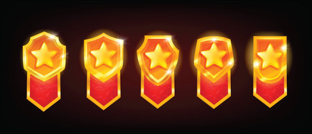 Golden game badge set, vector level up achievement, award UI medal shield kit, shiny rank reward. Rating bonus star, interface tournament design element, winner champion coin. Game badge leader assetsのイラスト素材