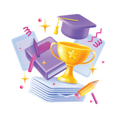 3D graduate cap banner, vector education golden cup, online study concept, school book, pencil. University courses success trophy diploma, college training lesson clipart, papers. Digital 3D educationのイラスト素材