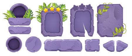 Stone UI game kit, vector jungle rock tablet set, medieval RPG cracked frame, avatar round border. Rectangle signboard, boulder texture, exotic leaves, victory stars button. Stone UI square bannerのイラスト素材