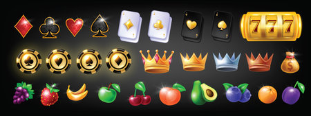 3D casino icon set, vector game UI slot Vegas element kit, cartoon fruit, golden trophy crown, cards. Roulette victory chips, luxury jackpot bonus sign, gambling slot symbol. Casino icon assetsのイラスト素材