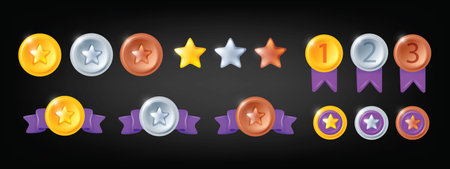 3D medal game set, vector level up UI golden silver bronze badge kit RPG app winner award ribbon. Rating victory certificate trophy elements, metal ranking reward clipart. Medal game sport achievementのイラスト素材