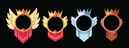 Game avatar frame vector set, UI golden fantasy circle border kit, reward winner round ring, crown. Metal ranking asset collection, RPG menu award user empty rim, victory emblem. Menu avatar frameのイラスト素材