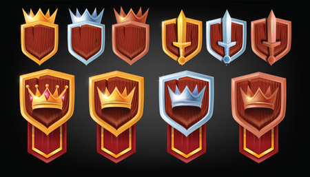 3D game badge shield set, vector level up UI medieval rank sword, golden silver bronze knight crown. Achievement RPG fantasy award kit, rating progress winner reward icon. Wooden game badge iron prizeのイラスト素材