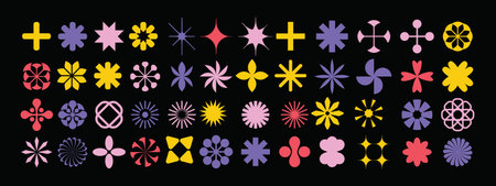 Geometric abstract flower shape set, vector funky star figure icon kit, retro brutal minimal art. Simple Memphis y2k elements collection, floral grid flat bauhaus template. Abstract flower formsのイラスト素材