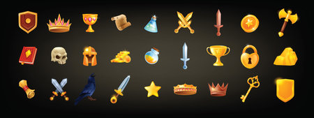Game icon set, UI dungeon and dragon RPG badge kit, vector medieval magic warrior collection. Knight fantasy sword, golden coin, witch book, skull, ancient potion bottle. Game icon user elementsのイラスト素材