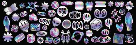 Holograph u2k sticker set, hologram cyber holo icon pack, vector space neon foil retro acid badge. Futuristic vintage stars, hype CD effect tag, trippy woman portrait clipart. Metal holograph stickerのイラスト素材