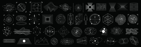 3D cyberpunk grid u2k wireframe shape set, vector warp retro futuristic geometric icon collection. Vintage science mathematic perspective frame, techno blueprint object kit globe. Futuristic wireframeのイラスト素材