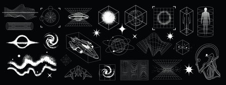3D cyberpunk grid u2k wireframe shape set, warp retro futuristic geometric icon vector collection. Vintage science mathematic perspective frame , space ship globe. Futuristic wireframe object kitのイラスト素材
