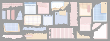 Torn rip paper set, texture edge note piece, vector white scrapbook strips frame kit, notepad shreds. Tattered label sheets, blank grunge distressed cut memo, tag design element. Torn paper collectionのイラスト素材