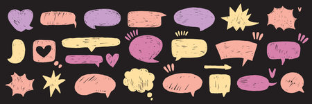 Speech bubble vector set, texture doodle comic talk balloon kit, hand drawn crayon cloud message. Speak sign color dialog communication frame, hearts, arrow. Chalk marker speech bubble drawing boxのイラスト素材