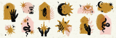 Celestial linocut print set, vector boho esoteric sign kit, magic vintage texture tarot illustration. Grunge astrology spiritual lino effect silhouette, engraving mystic stamp, arch. Celestial linocutのイラスト素材