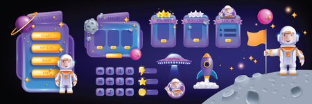 Space game UI set, vector 3D cartoon interface icon kit, galaxy user menu template, star, planet. Adventure kids mobile app frame, spaceman suit, moon, rocket launch, buttons. Space UI sci-fi bannerのイラスト素材