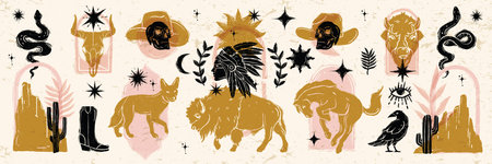 Linocut western boho set, vector engraving Texas desert print collection, canyon wildlife, cactus. Texture grunge Arizona rodeo graphics, bull, horse, snake, skull silhouette. Mystic linocut westernのイラスト素材